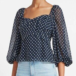 Express Top M Navy Polka Dots Balloon Sleeve Sweetheart Draped Clip Dot